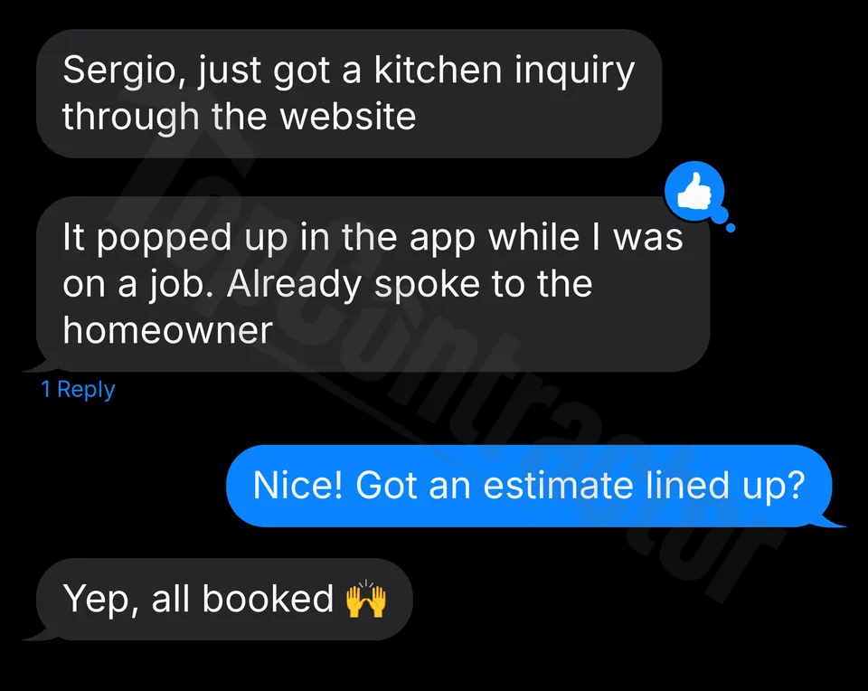 Client message: a kitchen inquiry arrived in the app while on a job, followed by a conversation with the homeowner and a booked estimate.