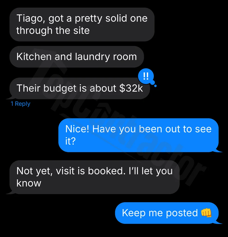 Client message to Tiago: a kitchen and laundry room inquiry with a budget of about $32,000 and a site visit booked.
