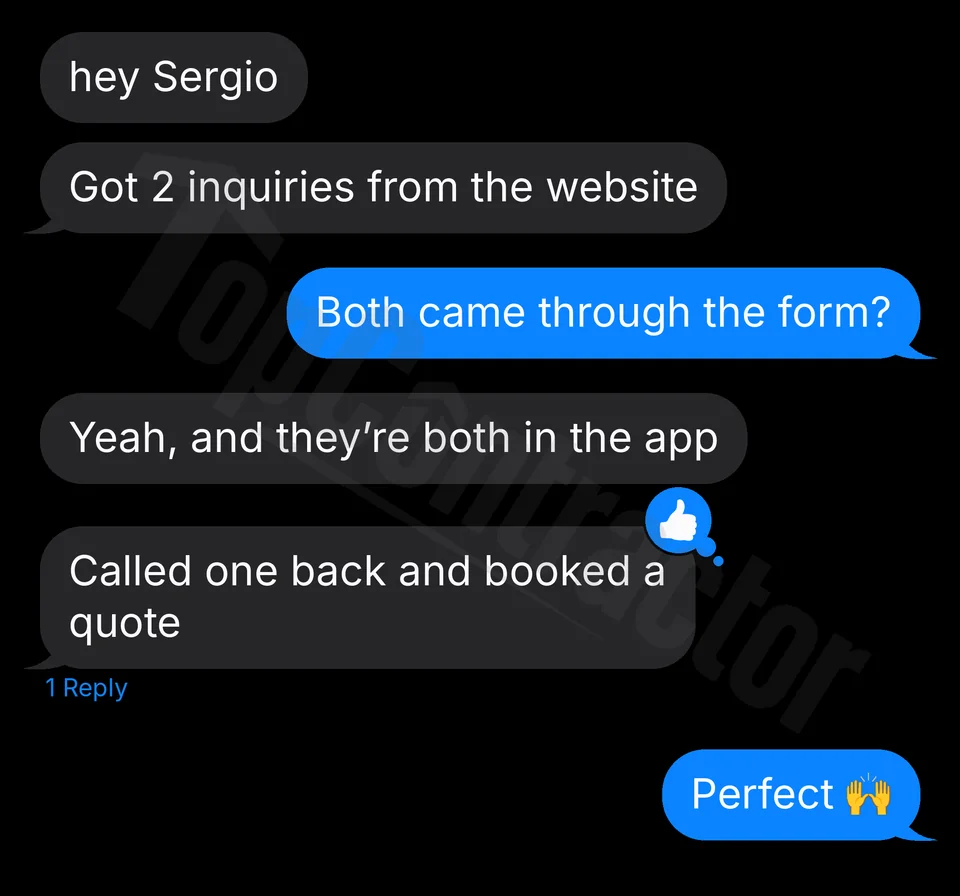 Client message: two website inquiries appeared in the app, and a callback led to a booked quote.