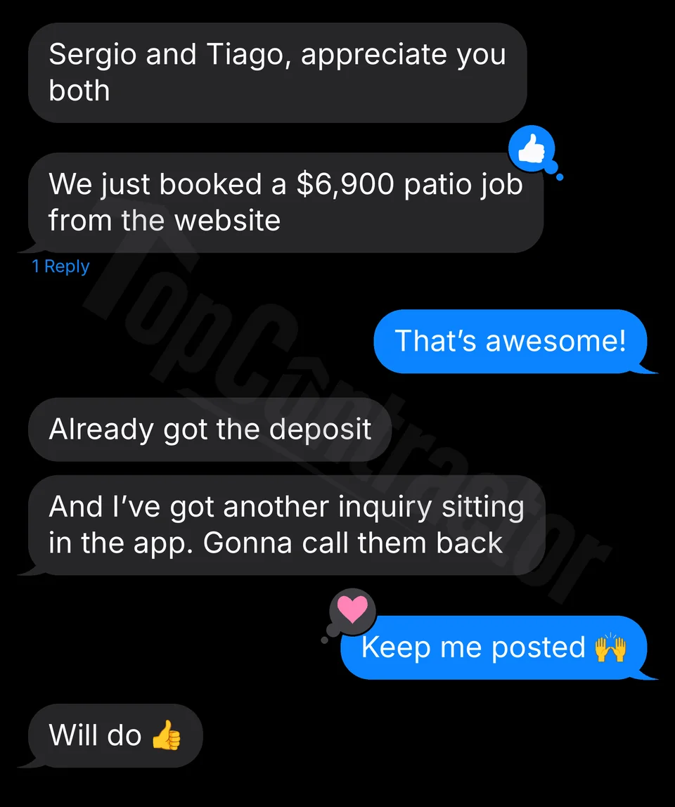 Client message: a $6,900 patio job booked through the website, deposit received, and another inquiry in the app.